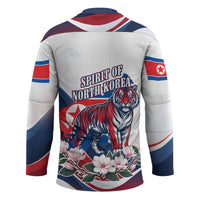North Korea Flag Day Spirit Of North Korea Hockey Jersey Flying Crane Graphic With Tiger Portrait And Magnolia Flowers