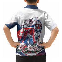 North Korea Flag Day Spirit Of North Korea Kid Hawaiian Shirt Flying Crane Graphic With Tiger Portrait And Magnolia Flowers