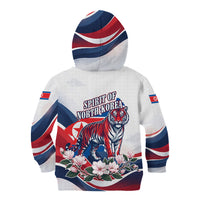 North Korea Flag Day Spirit Of North Korea Kid Hoodie Flying Crane Graphic With Tiger Portrait And Magnolia Flowers