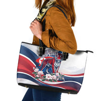 North Korea Flag Day Spirit Of North Korea Leather Tote Bag Flying Crane Graphic With Tiger Portrait And Magnolia Flowers