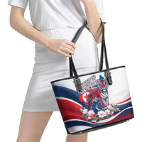 North Korea Flag Day Spirit Of North Korea Leather Tote Bag Flying Crane Graphic With Tiger Portrait And Magnolia Flowers