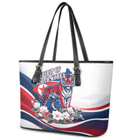 North Korea Flag Day Spirit Of North Korea Leather Tote Bag Flying Crane Graphic With Tiger Portrait And Magnolia Flowers