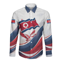 North Korea Flag Day Spirit Of North Korea Long Sleeve Button Shirt Flying Crane Graphic With Tiger Portrait And Magnolia Flowers