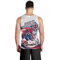 North Korea Flag Day Spirit Of North Korea Men Tank Top Flying Crane Graphic With Tiger Portrait And Magnolia Flowers
