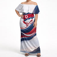 North Korea Flag Day Spirit Of North Korea Off Shoulder Maxi Dress Flying Crane Graphic With Tiger Portrait And Magnolia Flowers
