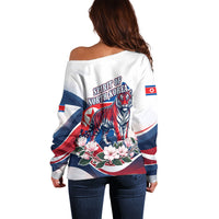 North Korea Flag Day Spirit Of North Korea Off Shoulder Sweater Flying Crane Graphic With Tiger Portrait And Magnolia Flowers