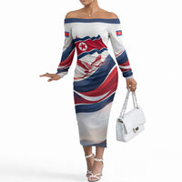North Korea Flag Day Spirit Of North Korea Off The Shoulder Long Sleeve Dress Flying Crane Graphic With Tiger Portrait And Magnolia Flowers