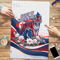 North Korea Flag Day Spirit Of North Korea Puzzle Flying Crane Graphic With Tiger Portrait And Magnolia Flowers