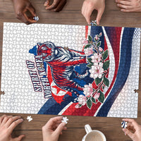 North Korea Flag Day Spirit Of North Korea Puzzle Flying Crane Graphic With Tiger Portrait And Magnolia Flowers