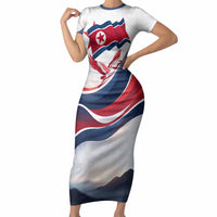 North Korea Flag Day Spirit Of North Korea Short Sleeve Bodycon Dress Flying Crane Graphic With Tiger Portrait And Magnolia Flowers