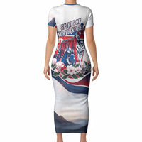 North Korea Flag Day Spirit Of North Korea Short Sleeve Bodycon Dress Flying Crane Graphic With Tiger Portrait And Magnolia Flowers