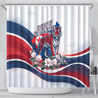 North Korea Flag Day Spirit Of North Korea Shower Curtain Flying Crane Graphic With Tiger Portrait And Magnolia Flowers