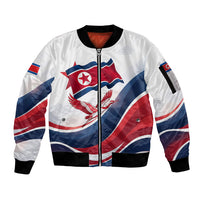North Korea Flag Day Spirit Of North Korea Sleeve Zip Bomber Jacket Flying Crane Graphic With Tiger Portrait And Magnolia Flowers