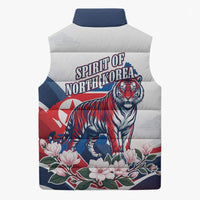 North Korea Flag Day Spirit Of North Korea Sleeveless Puffer Jacket Flying Crane Graphic With Tiger Portrait And Magnolia Flowers