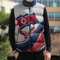North Korea Flag Day Spirit Of North Korea Sleeveless Puffer Jacket Flying Crane Graphic With Tiger Portrait And Magnolia Flowers