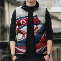 North Korea Flag Day Spirit Of North Korea Sleeveless Puffer Jacket Flying Crane Graphic With Tiger Portrait And Magnolia Flowers