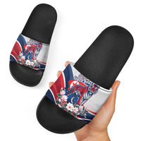 North Korea Flag Day Spirit Of North Korea Slide Sandals Flying Crane Graphic With Tiger Portrait And Magnolia Flowers