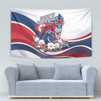 North Korea Flag Day Spirit Of North Korea Tapestry Flying Crane Graphic With Tiger Portrait And Magnolia Flowers
