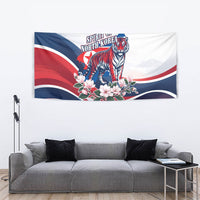 North Korea Flag Day Spirit Of North Korea Tapestry Flying Crane Graphic With Tiger Portrait And Magnolia Flowers