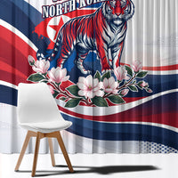 North Korea Flag Day Spirit Of North Korea Window Curtain Flying Crane Graphic With Tiger Portrait And Magnolia Flowers