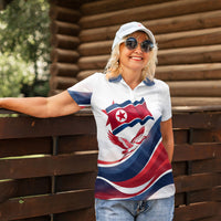 North Korea Flag Day Spirit Of North Korea Women Polo Shirt Flying Crane Graphic With Tiger Portrait And Magnolia Flowers