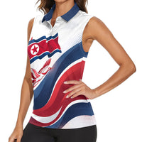 North Korea Flag Day Spirit Of North Korea Women Sleeveless Polo Shirt Flying Crane Graphic With Tiger Portrait And Magnolia Flowers