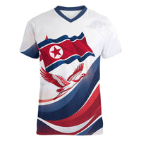 North Korea Flag Day Spirit Of North Korea Women V-Neck T-Shirt Flying Crane Graphic With Tiger Portrait And Magnolia Flowers