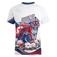 North Korea Flag Day Spirit Of North Korea Women V-Neck T-Shirt Flying Crane Graphic With Tiger Portrait And Magnolia Flowers
