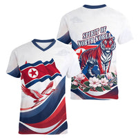 North Korea Flag Day Spirit Of North Korea Women V-Neck T-Shirt Flying Crane Graphic With Tiger Portrait And Magnolia Flowers