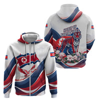 North Korea Flag Day Spirit Of North Korea Zip Hoodie Flying Crane Graphic With Tiger Portrait And Magnolia Flowers
