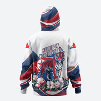 North Korea Flag Day Spirit Of North Korea Zip Hoodie Flying Crane Graphic With Tiger Portrait And Magnolia Flowers