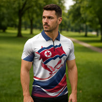 North Korea Flag Day Spirit Of North Korea Zipper Polo Shirt Flying Crane Graphic With Tiger Portrait And Magnolia Flowers