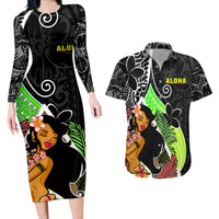 Hawaii Hula Girl Couples Matching Long Sleeve Bodycon Dress and Hawaiian Shirt Hula Girl Polynesian Tattoo Gradient - Wonder Print Shop