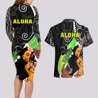 Hawaii Hula Girl Couples Matching Long Sleeve Bodycon Dress and Hawaiian Shirt Hula Girl Polynesian Tattoo Gradient - Wonder Print Shop