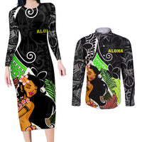 Hawaii Hula Girl Couples Matching Long Sleeve Bodycon Dress and Long Sleeve Button Shirts Hula Girl Polynesian Tattoo Gradient - Wonder Print Shop