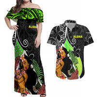 Hawaii Hula Girl Couples Matching Off Shoulder Maxi Dress and Hawaiian Shirt Hula Girl Polynesian Tattoo Gradient - Wonder Print Shop