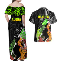 Hawaii Hula Girl Couples Matching Off Shoulder Maxi Dress and Hawaiian Shirt Hula Girl Polynesian Tattoo Gradient - Wonder Print Shop