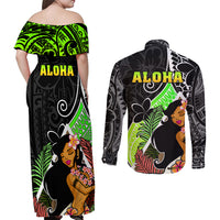Hawaii Hula Girl Couples Matching Off Shoulder Maxi Dress and Long Sleeve Button Shirts Hula Girl Polynesian Tattoo Gradient - Wonder Print Shop