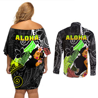 Hawaii Hula Girl Couples Matching Off Shoulder Short Dress and Long Sleeve Button Shirts Hula Girl Polynesian Tattoo Gradient - Wonder Print Shop