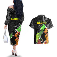 Hawaii Hula Girl Couples Matching Off The Shoulder Long Sleeve Dress and Hawaiian Shirt Hula Girl Polynesian Tattoo Gradient - Wonder Print Shop
