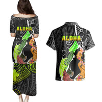 Hawaii Hula Girl Couples Matching Puletasi Dress and Hawaiian Shirt Hula Girl Polynesian Tattoo Gradient - Wonder Print Shop