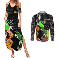 Hawaii Hula Girl Couples Matching Summer Maxi Dress and Long Sleeve Button Shirts Hula Girl Polynesian Tattoo Gradient - Wonder Print Shop