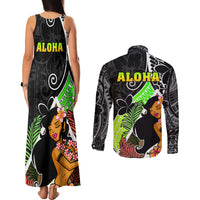 Hawaii Hula Girl Couples Matching Tank Maxi Dress and Long Sleeve Button Shirts Hula Girl Polynesian Tattoo Gradient - Wonder Print Shop