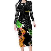 Hawaii Hula Girl Long Sleeve Bodycon Dress Hula Girl Polynesian Tattoo Gradient - Wonder Print Shop