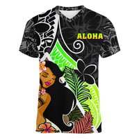 Hawaii Hula Girl Women V Neck T Shirt Hula Girl Polynesian Tattoo Gradient - Wonder Print Shop