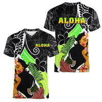 Hawaii Hula Girl Women V Neck T Shirt Hula Girl Polynesian Tattoo Gradient - Wonder Print Shop
