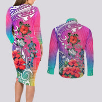 Hawaii Turtle Couples Matching Long Sleeve Bodycon Dress and Long Sleeve Button Shirts Turtles Hibiscus With Hawaii Pattern Gradient - Wonder Print Shop