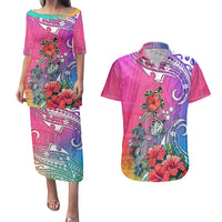 Hawaii Turtle Couples Matching Puletasi Dress and Hawaiian Shirt Turtles Hibiscus With Hawaii Pattern Gradient - Wonder Print Shop