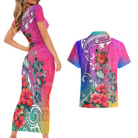 Hawaii Turtle Couples Matching Short Sleeve Bodycon Dress and Hawaiian Shirt Turtles Hibiscus With Hawaii Pattern Gradient - Wonder Print Shop