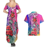 Hawaii Turtle Couples Matching Summer Maxi Dress and Hawaiian Shirt Turtles Hibiscus With Hawaii Pattern Gradient - Wonder Print Shop